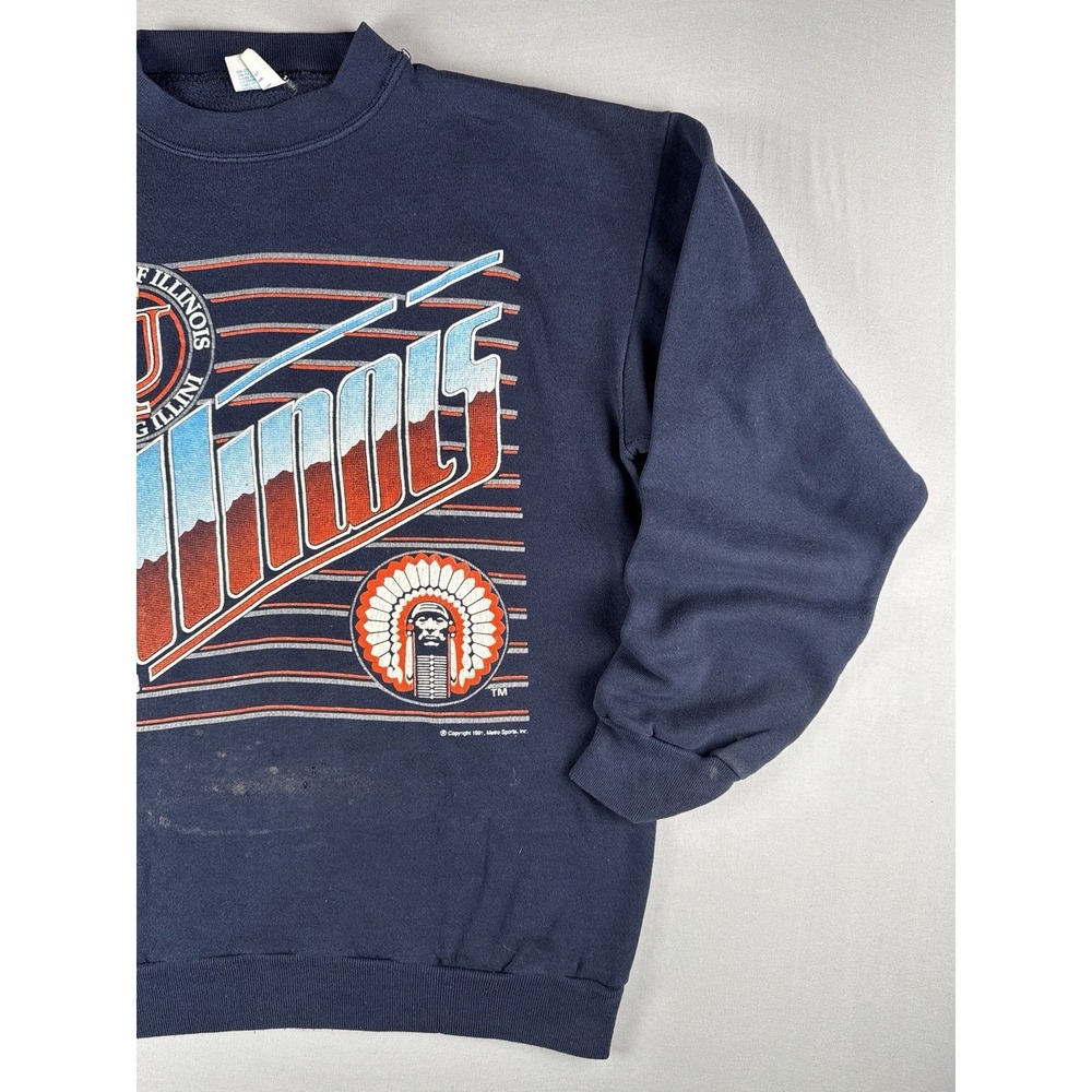 Vintage 90s Illinois Illini Sweatshirt NCAA College 1991 Navy Crewneck Mens L - Picture 4 of 13
